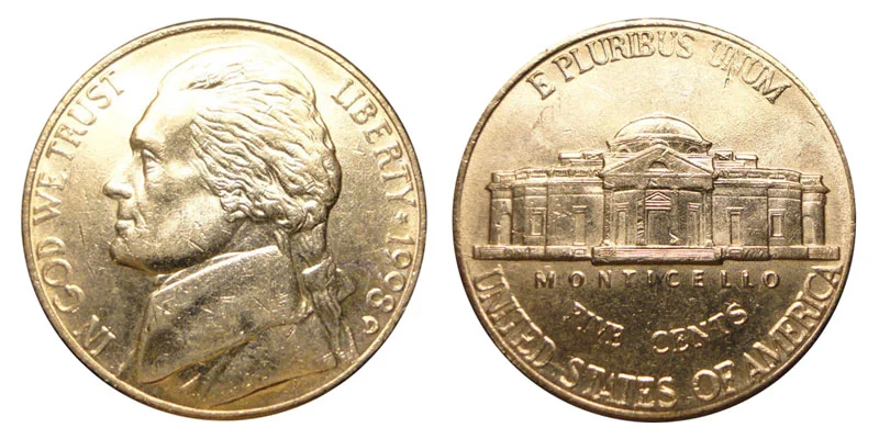 1998-P Jefferson Nickel obverse and reverse showing Jefferson portrait and Monticello design