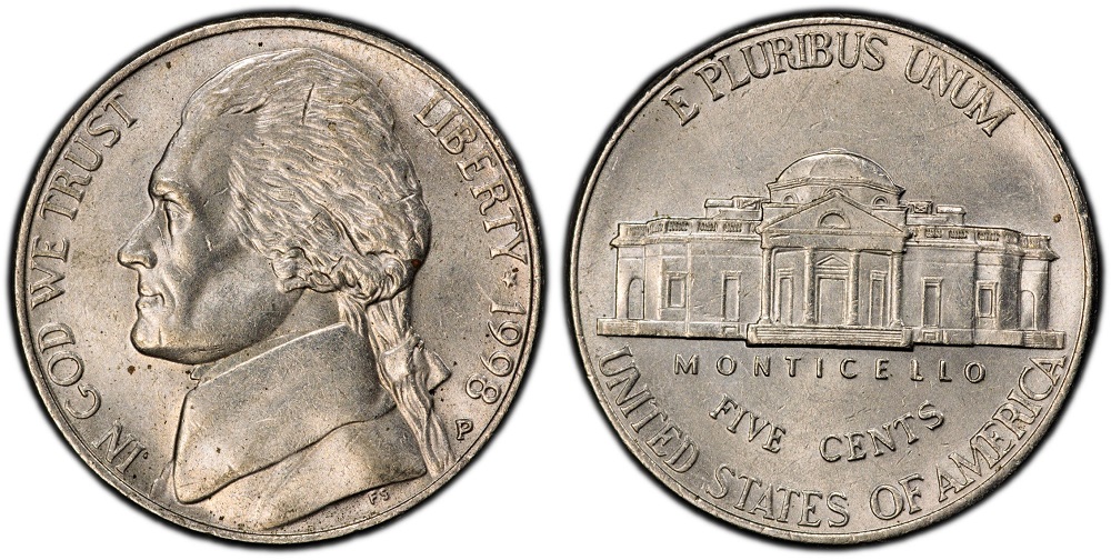 1998 Jefferson nickel Monticello steps comparison — non-Full Steps vs Full Steps designation showing step line clarity