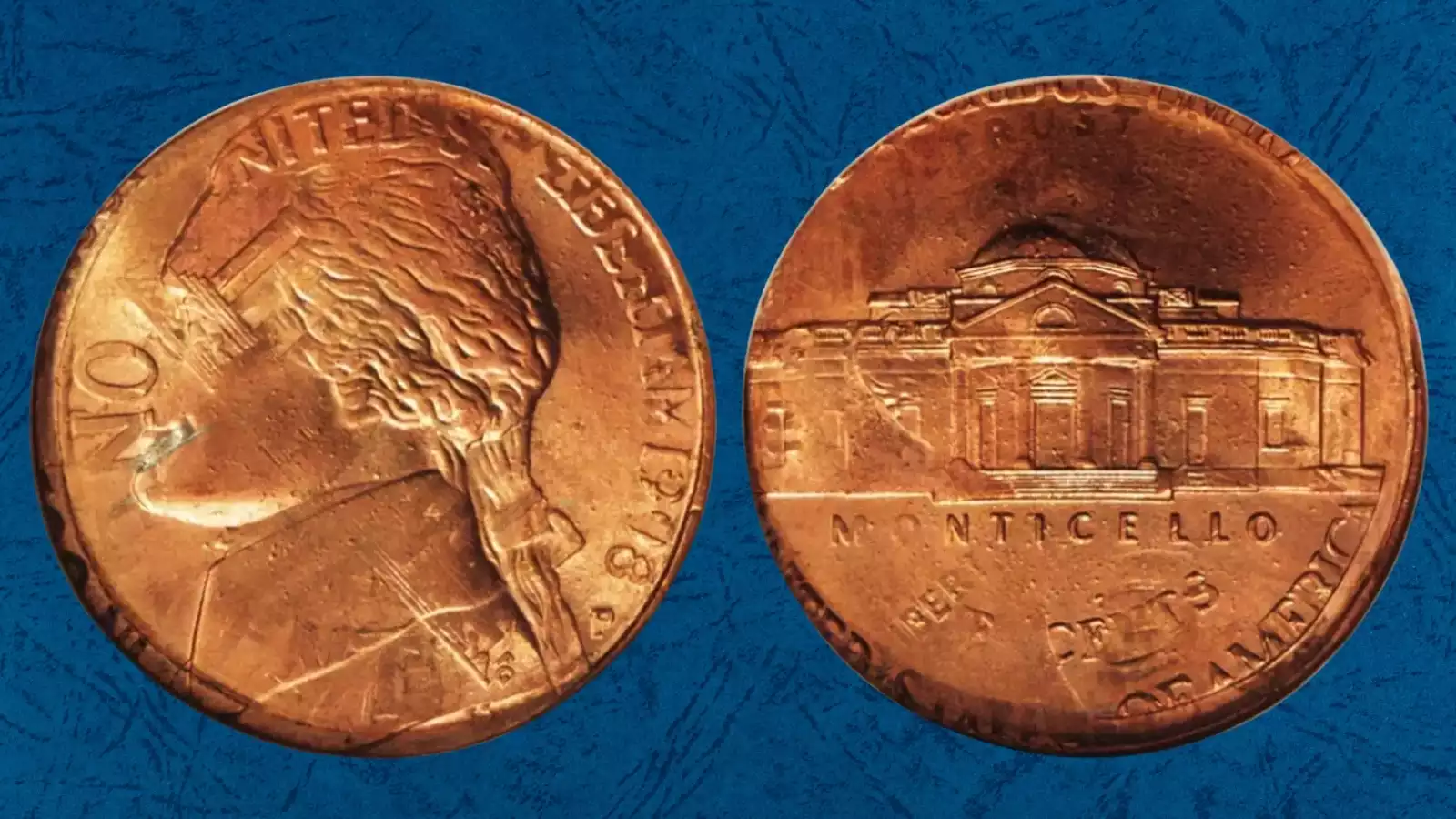 1998-P nickel wrong planchet error struck on a Lincoln cent planchet, showing undersized diameter and copper coloring