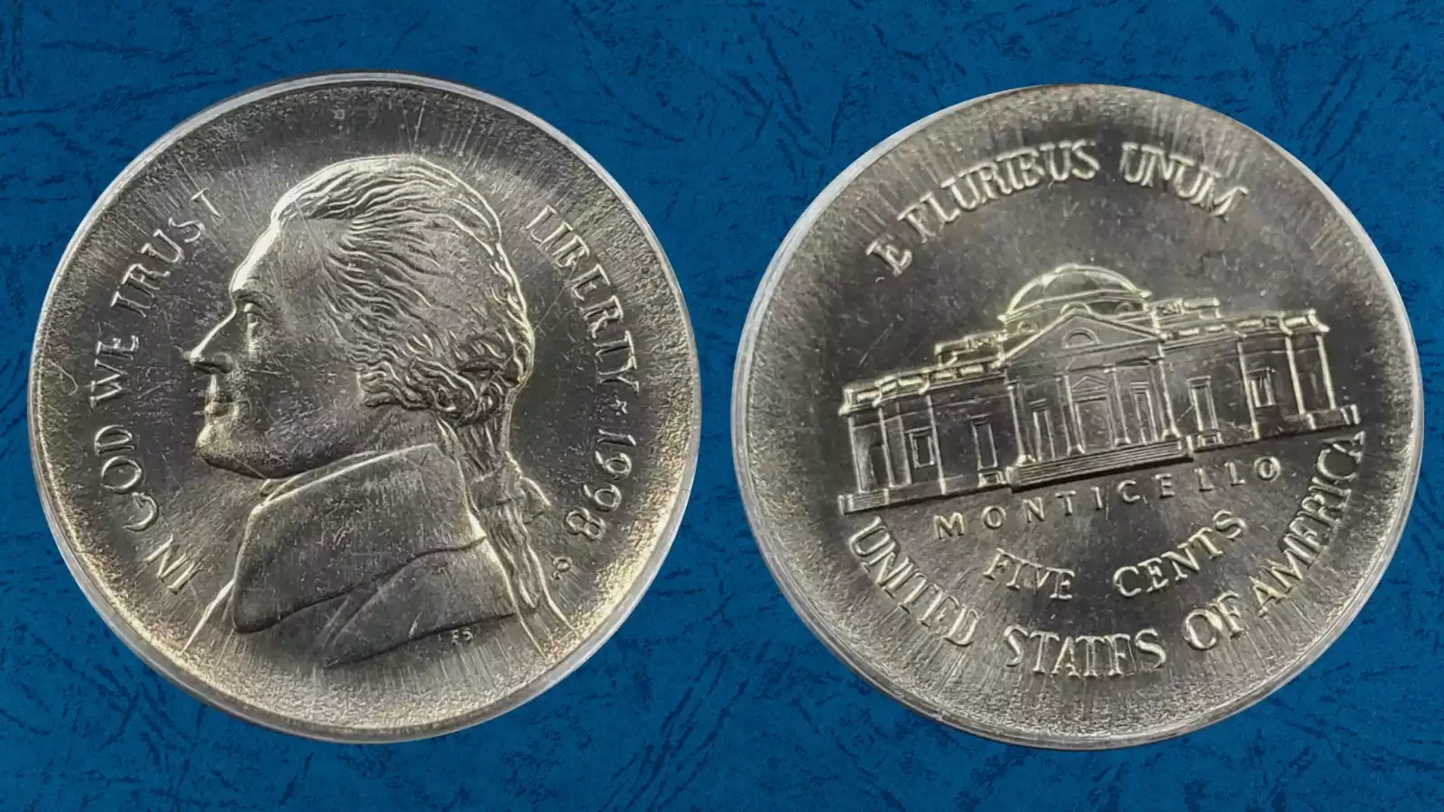 1998-P Jefferson nickel broadstrike error showing expanded planchet, absent collar, and design distortion toward the rim