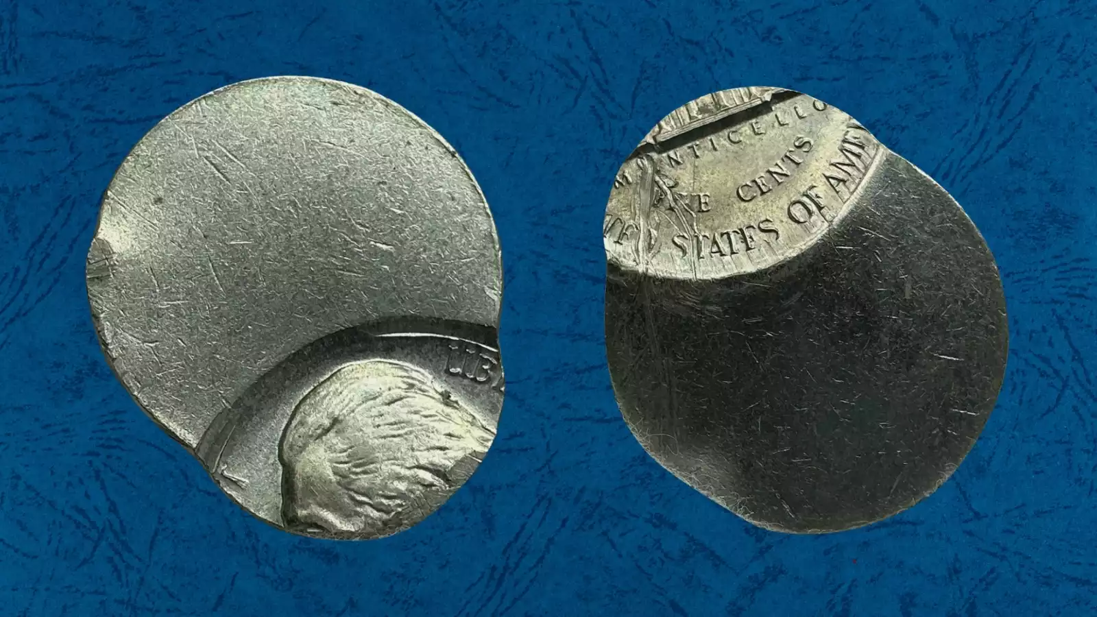 1998 Jefferson nickel off-center strike error showing design shifted approximately 20% with crescent of blank planchet visible and date readable