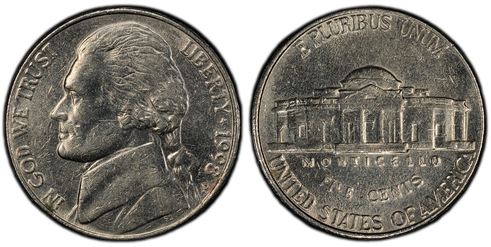 1998 Jefferson nickel doubled die obverse error showing doubling on LIBERTY inscription and date under magnification