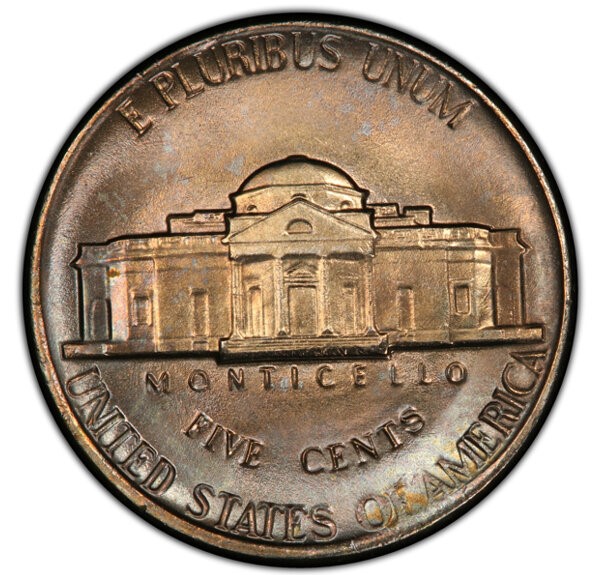 1998 Jefferson nickel die crack error showing raised metal ridge across the reverse field from a fractured working die