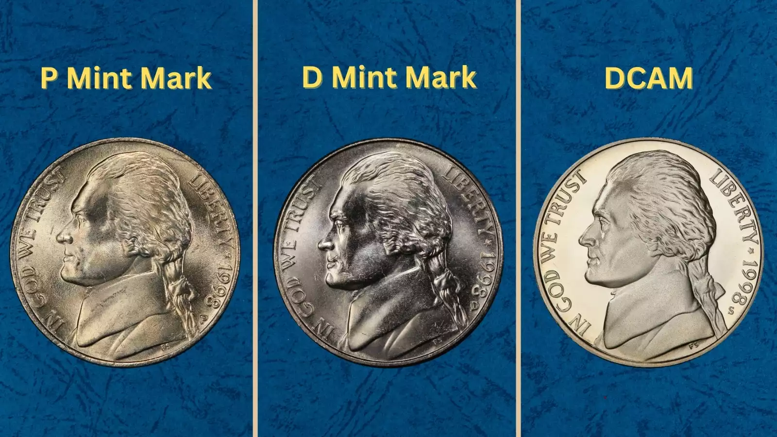 Philadelphia and Denver Mint facilities that produced the 1998 Jefferson nickel, or group of 1998 nickels showing range of condition grades
