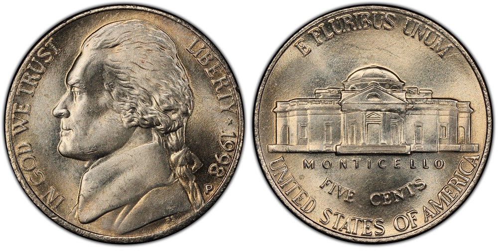 1998 Jefferson nickel grading strip showing four condition grades from worn to gem uncirculated for visual comparison